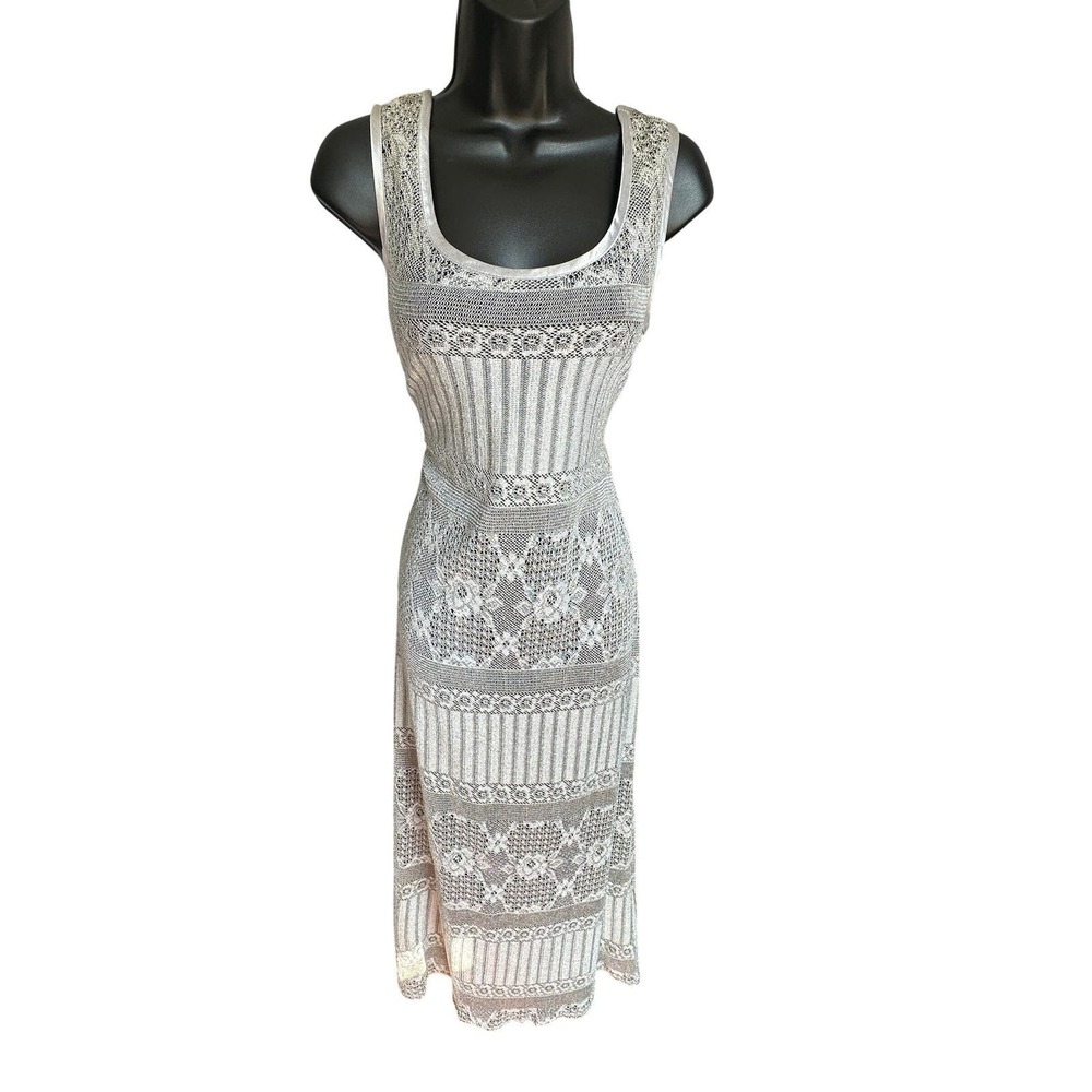 Vintage Silver Metallic Knit Lace Midi Dress Sleeveless Satin Trim Size 12